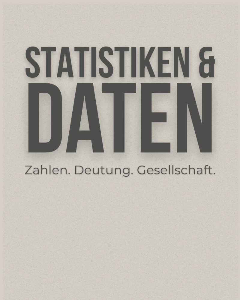 Beige Kachel mit grauer Schrift, Aufschrift: Statistiken und Daten, darunter klein Zahlen, Deutung, Gesellschaft.