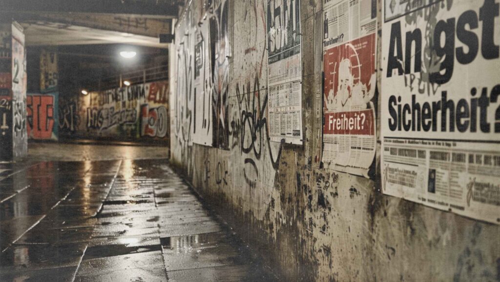 Tunnelunterführung mit Graffiti und alten, teils zerrissenen Plakaten. Auf den Plakaten sind die Begriffe ‚Angst‘, ‚Sicherheit‘ und ‚Freiheit‘ zu lesen.