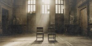 Leerer Gerichtssaal mit Holzstühlen, Sonnenlicht fällt durch die Fenster auf den Boden – Symbolbild für die Debatte Täterschutz vs. Opferschutz.