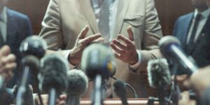 Header-Bild mit Oberkörper eines Mannes im Anzug, vor ihm zahlreiche Presse-Mikrofone, die auf ihn gerichtet sind.