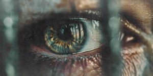 Nahaufnahme eines Auges, in dessen Pupille sich Gitterstäbe spiegeln – Sinnbild für die Reflexion des eigenen Strafbedürfnisses.