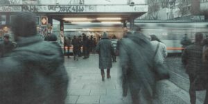 Menschen laufen über einen Platz Richtung Bahnsteig, im Hintergrund fährt eine Bahn vorbei.