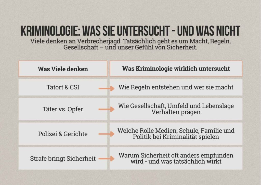 Infografik: Links gängige Vorstellungen über Kriminologie, rechts die tatsächlichen Untersuchungsfelder der Kriminologie.