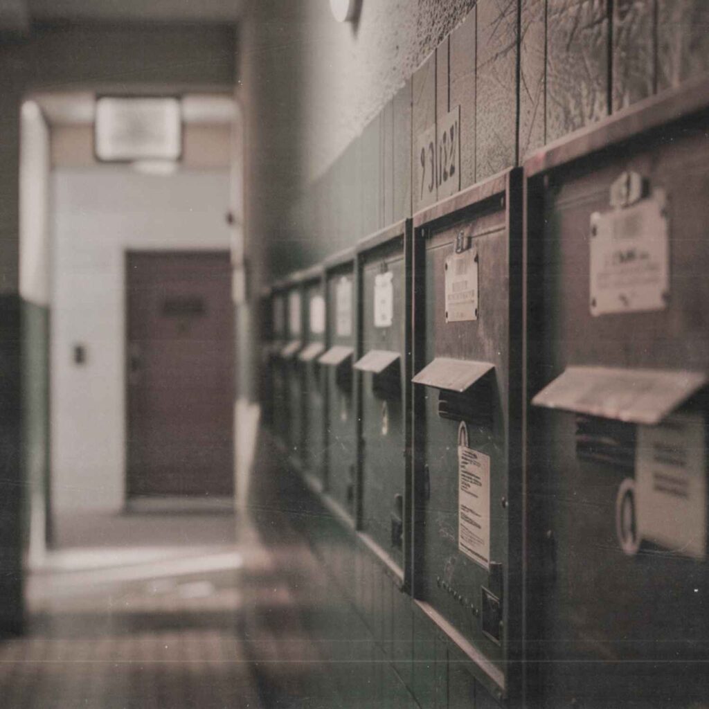 Hausflur mit vielen Metallbriefkästen an der Wand