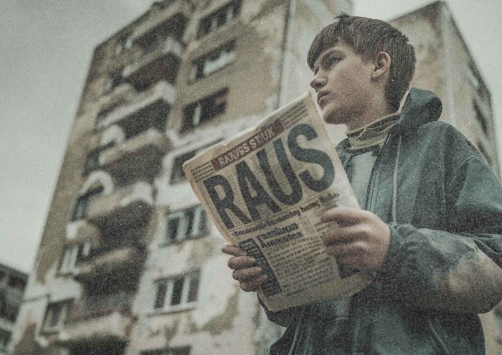 Foto eines Jugenlichen vor einem abgenutzten Hochhaus. Er hält eine Zeitung mit der Schlagzeile „RAUS“ in den Händen. Symbolfoto für Migration, Armut, gesellschaftliche Ausgrenzung und Strafbedürfnis.