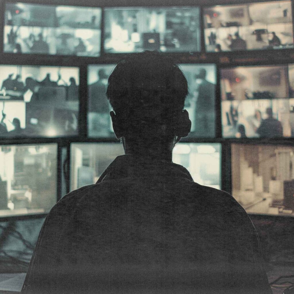 Foto eines Mannes von hinten, der vor mehreren Monitoren sitzt, auf denen Überwachungsszenen aus verschiedenen Kameras zu sehen sind.