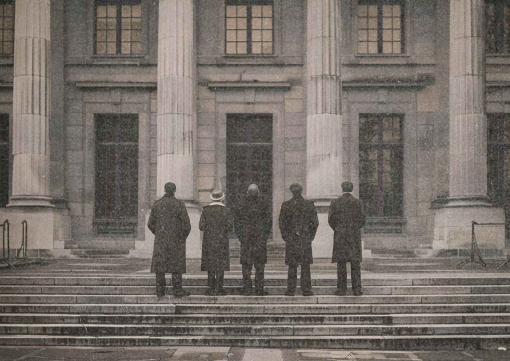 Foto von fünf Personen in Mänteln, von hinten gesehen, die auf einer Treppe vor einem Gebäude stehen und darauf blicken. Ihre Kleidung deutet auf Zugehörigkeit zu Politik, Justiz oder gesellschaftlicher Elite hin.