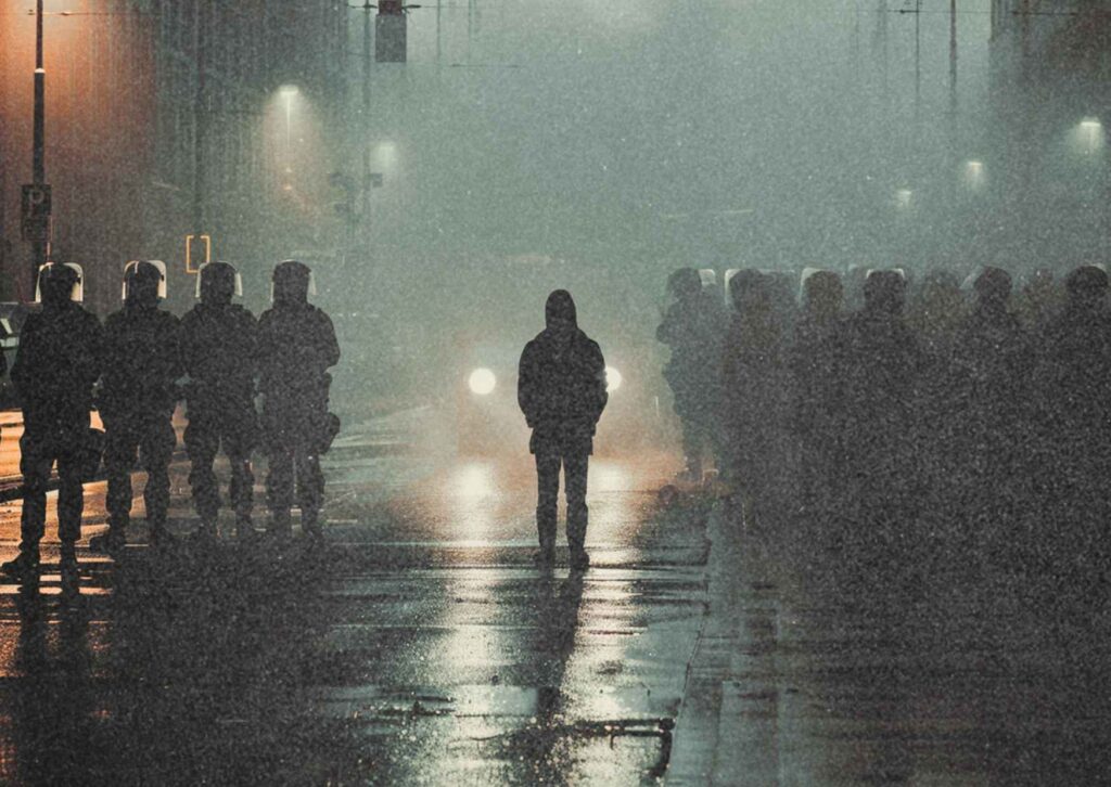 Foto einer Person mit gesenktem Kopf, die auf der Straße steht. Links und rechts stehen Polizisten in voller Montur mit Schutzhelmen. Die Szene verdeutlicht den Kontrast zwischen staatlicher Gewalt und einem einzelnen Bürger.
