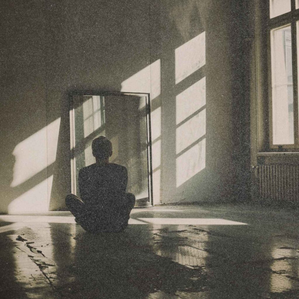 Foto einer Person im Schneidersitz vor einem Spiegel, beleuchtet durch sanftes Licht mit Schattenwurf eines Fensters. Symbolfoto für Nachdenken, Selbstreflexion und innere Einkehr.