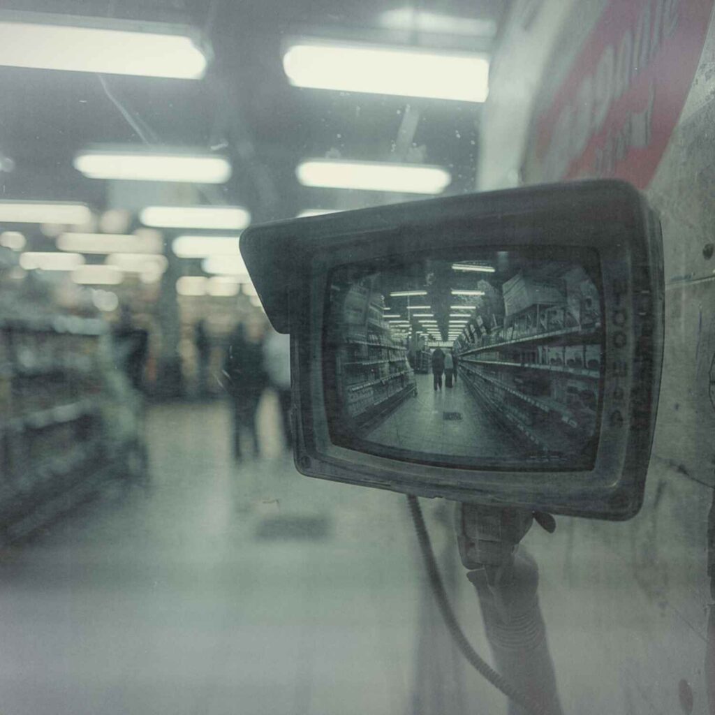 Foto einer Überwachungskamera, die den Bildschirm mit einer Liveaufnahme aus einem Supermarkt zeigt. Im Hintergrund ist die überwachte Szene unscharf zu erkennen.