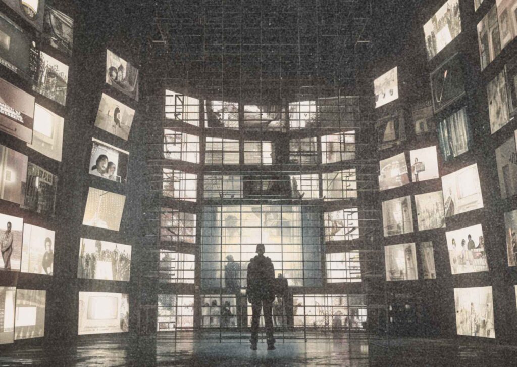 Foto einer Person, die in der Mitte eines Gitters oder Käfigs steht. Die Wände bestehen aus Monitoren, die verschiedene Überwachungsszenen zeigen.