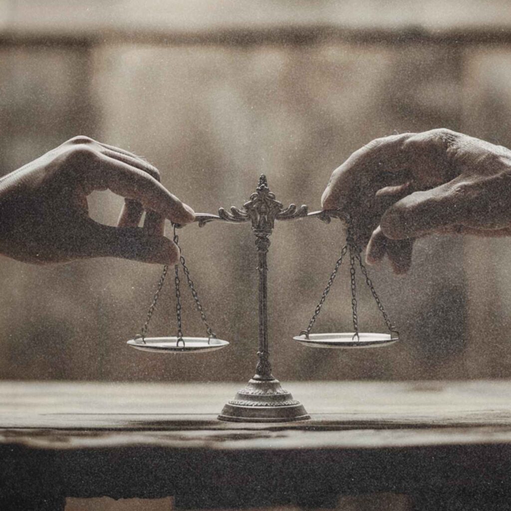 Foto einer Waage, die von zwei Händen berührt wird – eine von links, eine von rechts. Symbolfoto für Täterschutz, Opferschutz, Rechtsstaatlichkeit und Gerechtigkeit.