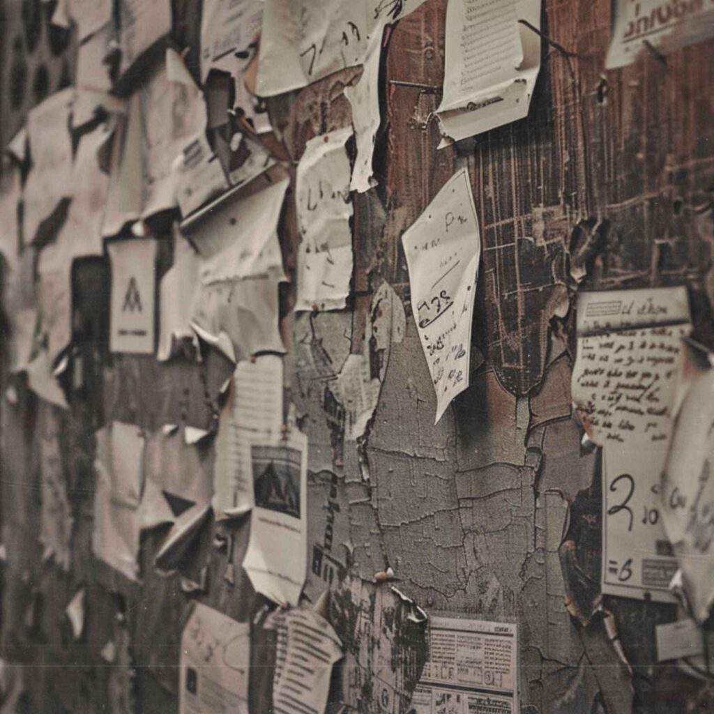 Rissige urbane Wand mit vielen ungeordneten Notizzetteln