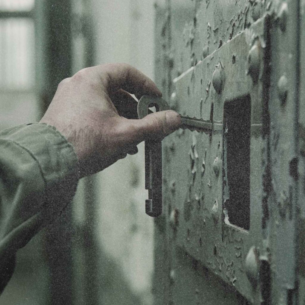 Nahaufnahme einer Hand, die einen Schlüssel in das Schloss einer Gefängniszellentür steckt. Symbolfoto für Strafbedürfnis, Wegsperren und gesellschaftliche Ausgrenzung.