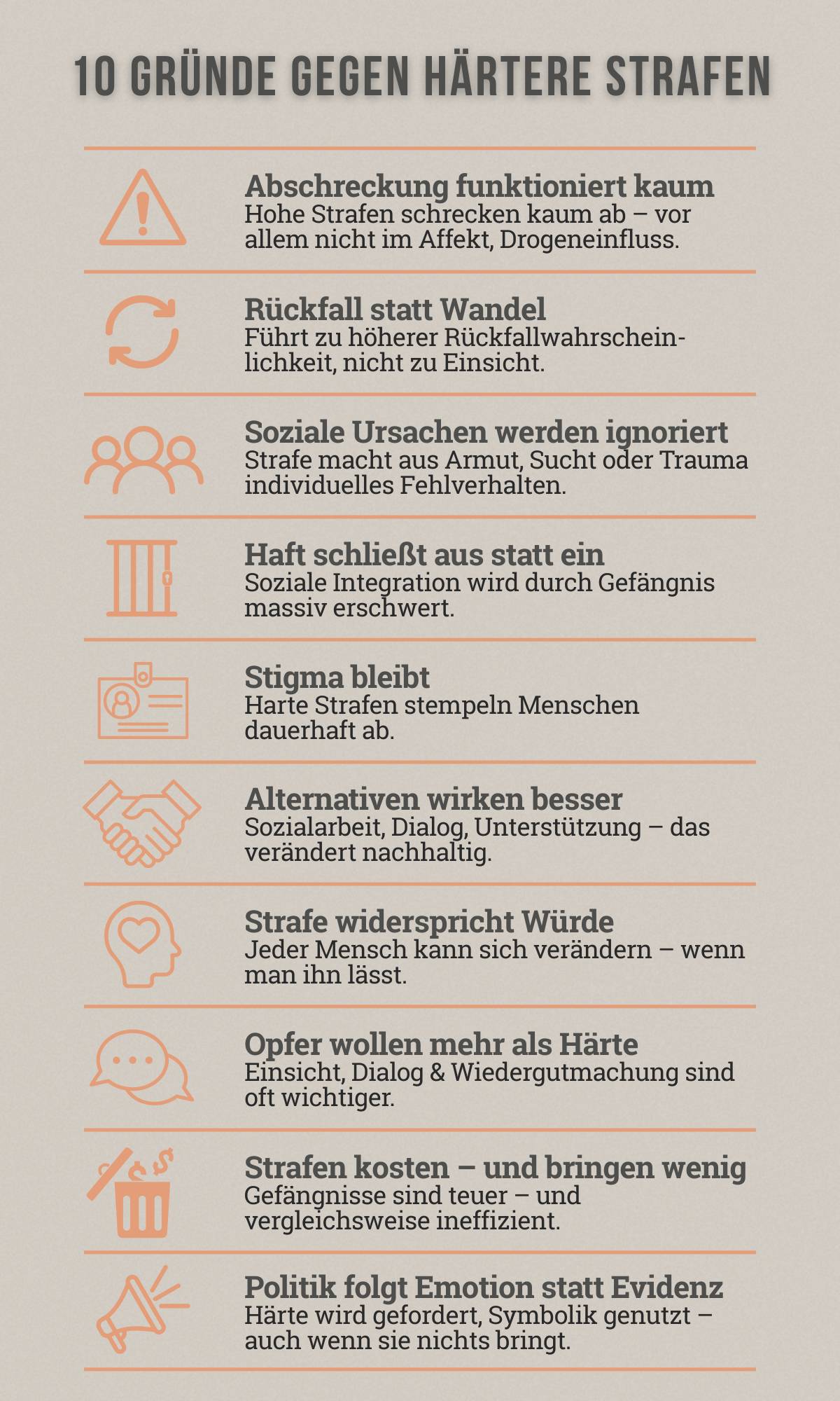 Infografik: Zehn Argumente gegen härtere Strafen aus sozialpädagogischer und kriminologischer Sicht
