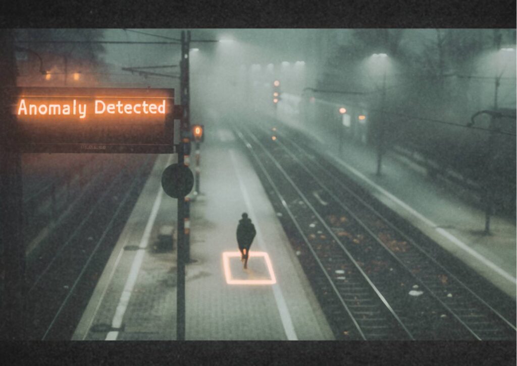Eine einzelne Person steht auf einem Bahnsteig, über ihr leuchtet ein digitales Schild mit der Aufschrift „Anomaly Detected“. Das Bild verweist auf algorithmische Überwachung und Risikodiskurse.