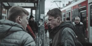 Zwei Jugendliche in angespannter Konfrontation an einer Bahnhaltestelle, im Hintergrund ein einfahrender Zug.