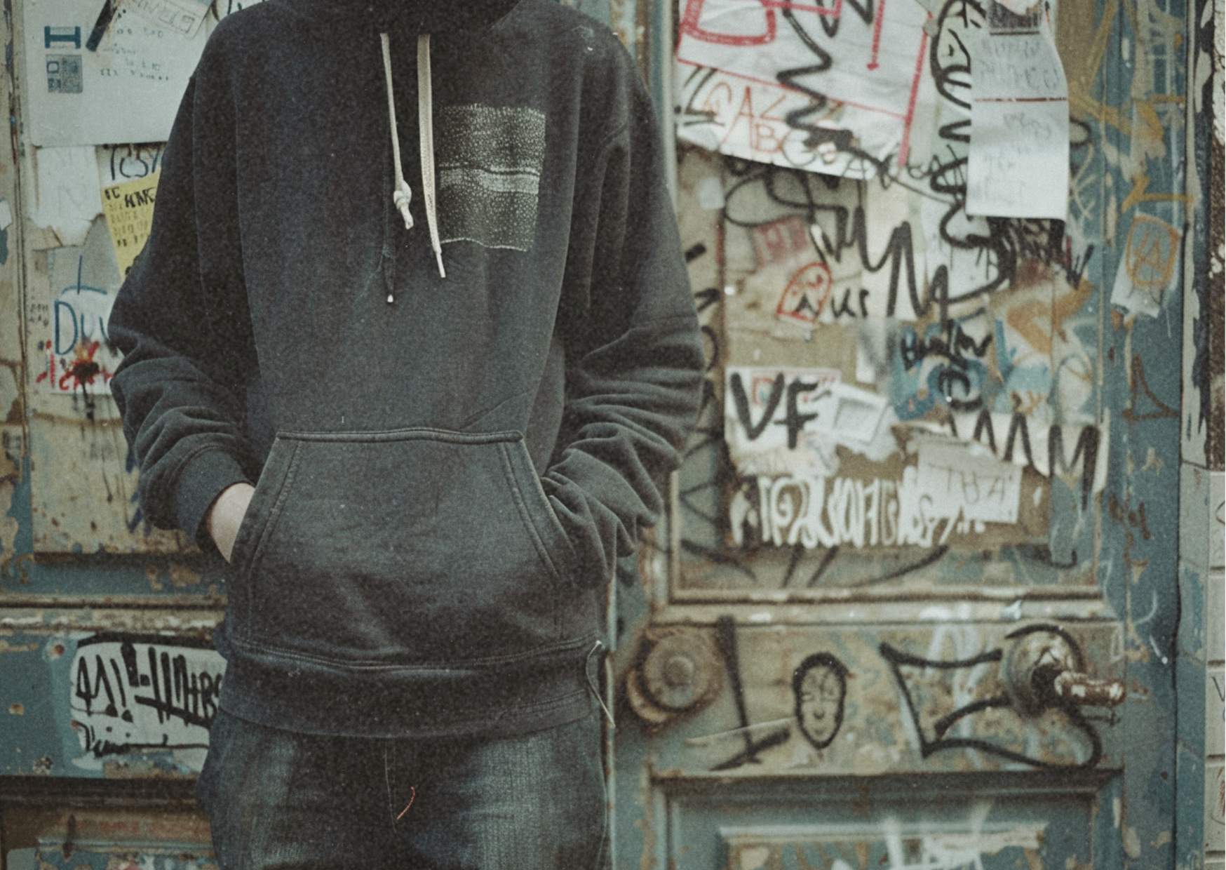 Ein Jugendlicher in dunklem Hoodie steht mit den Händen in den Taschen vor einer Tür, die mit Graffiti und Aufklebern übersät ist. Sein Gesicht ist nicht sichtbar.