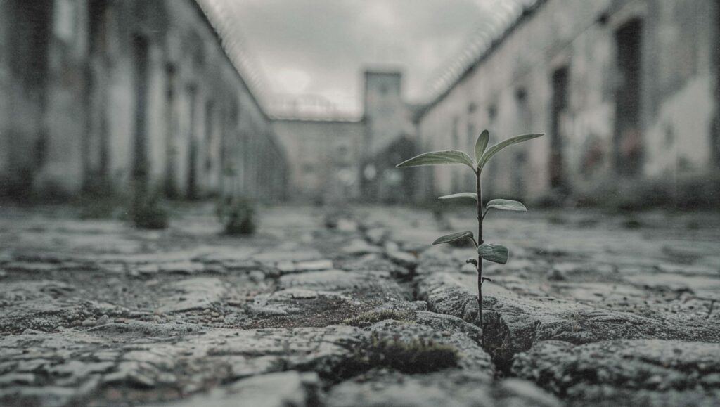 Kleine grüne Pflanze wächst aus einem Riss im Betonboden eines Gefängnishofs, im Hintergrund ein verlassener Gefängnistrakt mit Stacheldraht.