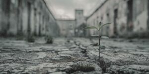 Kleine grüne Pflanze wächst aus einem Riss im Betonboden eines Gefängnishofs, im Hintergrund ein verlassener Gefängnistrakt mit Stacheldraht.