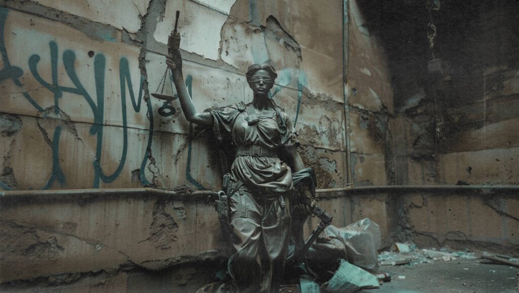 Statue der Justitia mit Waffe und Ausrüstung in verfallener Umgebung – Symbol für einen repressiven Strafstaat