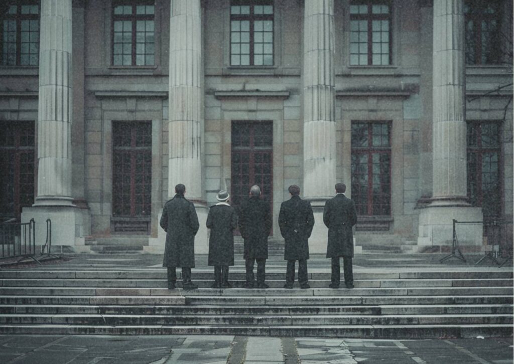 Fünf Personen in dunkler Kleidung stehen mit dem Rücken zur Kamera auf den Stufen eines monumentalen Gerichtsgebäudes mit Säulenfassade.