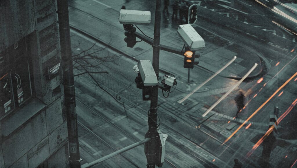 berwachungskameras an einer Straßenkreuzung bei Dämmerung, mit Lichtspuren vorbeifahrender Autos.
