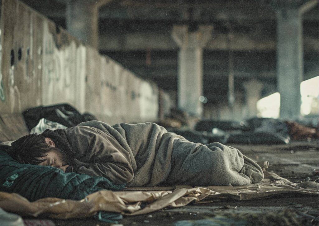 Ein Mann liegt zusammengerollt unter einer Brücke auf einem Stück Karton, in eine Decke gehüllt. Der Boden ist uneben und schmutzig, die Umgebung karg, grau und von Beton geprägt.