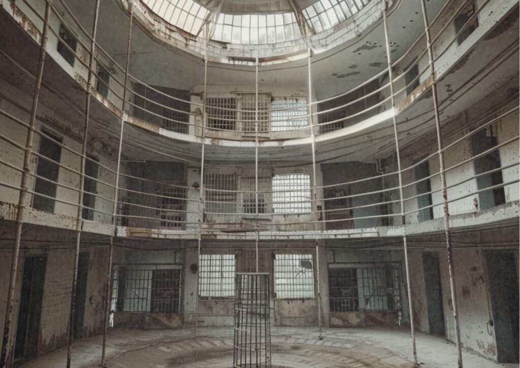 Innenansicht eines verfallenen Panoptikums mit Zellenringen und zentralem Beobachtungsbereich