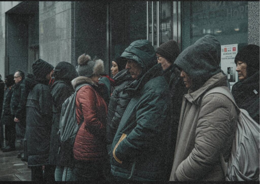 Menschen in dicken Winterjacken stehen in einer langen Warteschlange vor einem öffentlichen Gebäude. Die Stimmung wirkt still und angespannt, es ist kalt und grau.