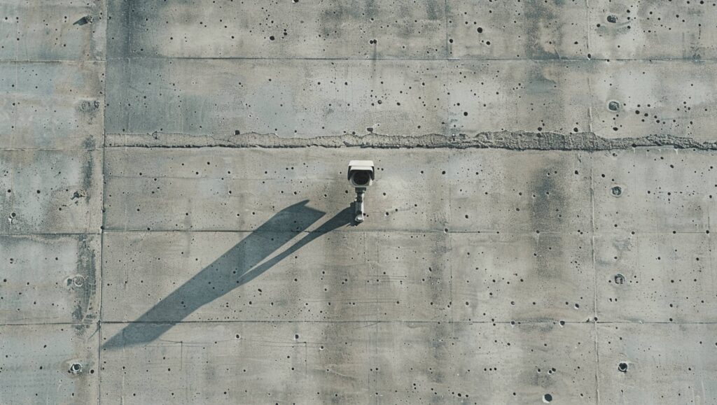Eine einzelne Überwachungskamera an einer Betonwand, die einen langen Schatten wirft.