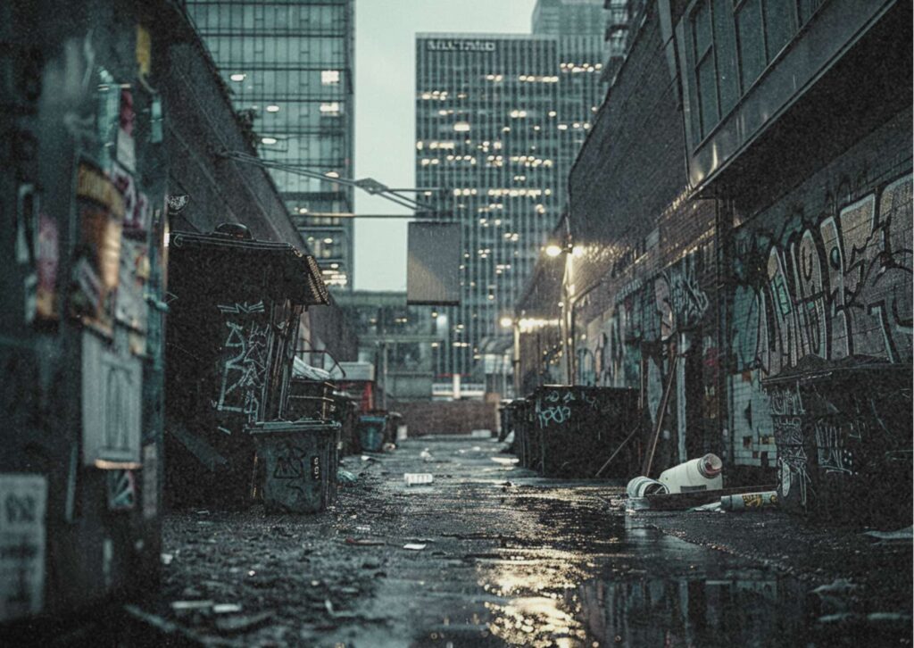 Vermüllte Gasse mit Graffiti und Mülltonnen, im Hintergrund moderne Bürogebäude aus Glas.