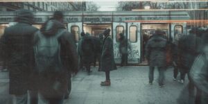 Person steht allein am Bahnsteig, während Menschen um sie herum vorbeihasten – Symbol für Orientierungslosigkeit und gesellschaftliche Verunsicherung.