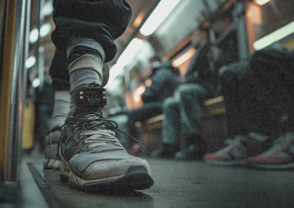 Nahaufnahme eines Fußes in Turnschuhen mit elektronischer Fußfessel im Innenraum einer U-Bahn.