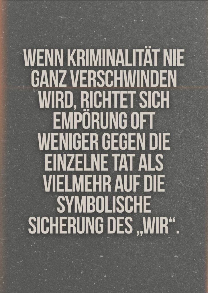 Zitatkarte mit dem Satz „Wenn Kriminalität nie ganz verschwinden wird, richtet sich Empörung oft weniger gegen die einzelne Tat als vielmehr auf die symbolische Sicherung des ‚Wir‘.“