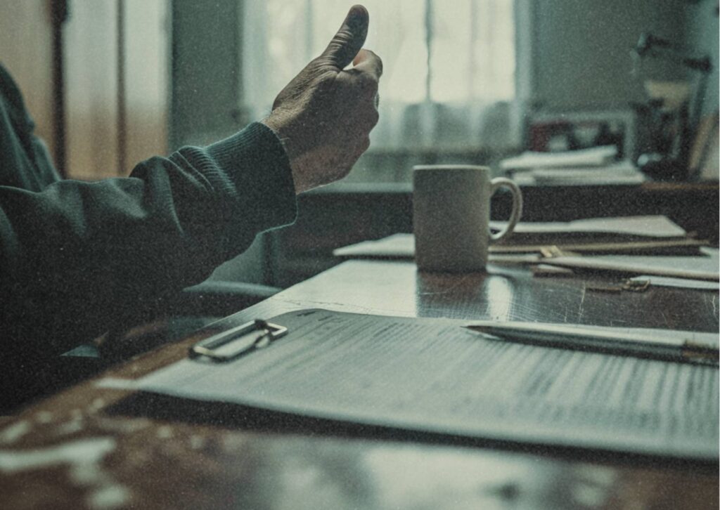 Hand einer Person in Gesprächsgeste über einem Schreibtisch mit Dokumenten – Symbol für professionelle Verantwortung.