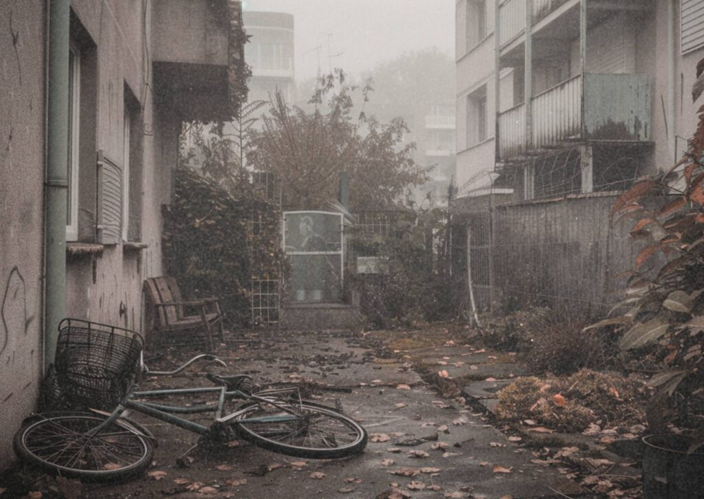 Verlassener Hinterhof mit umgefallenem Fahrrad, Graffiti und abgewitterten Fassaden.