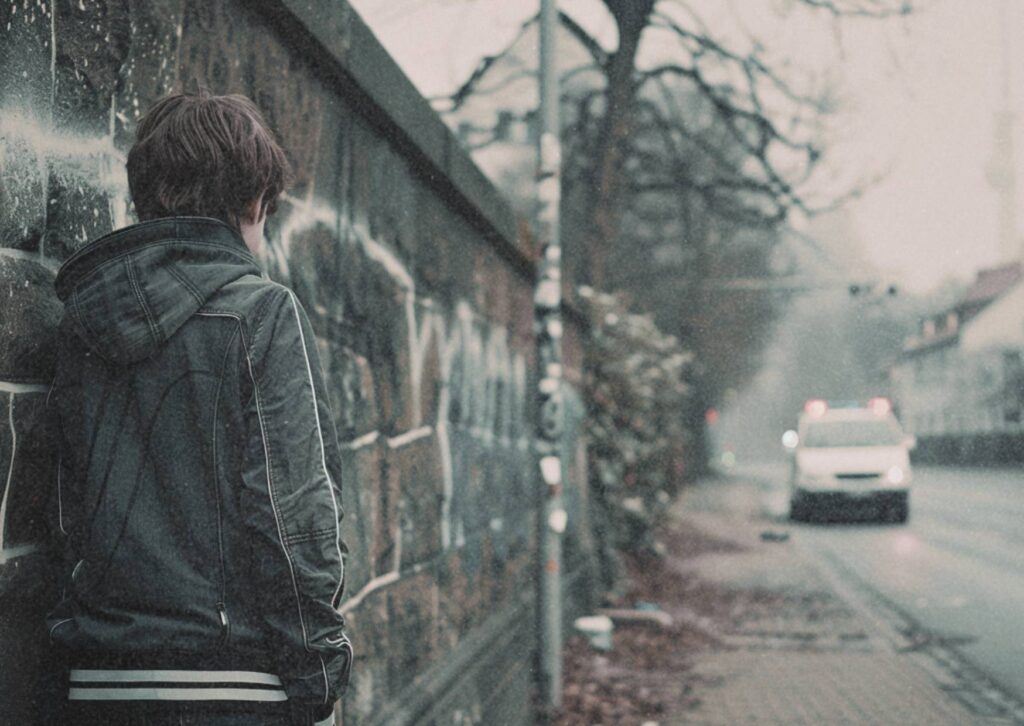 Jugendlicher lehnt an einer Mauer, während im Hintergrund ein Polizeiwagen auf einer leeren Stadtstraße steht.
