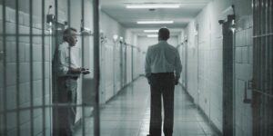Zwei Mitarbeitende stehen in einem Korridor einer Justizvollzugsanstalt – Symbol für professionelle Rollen, Verantwortung und institutionelle Rahmenbedingungen.