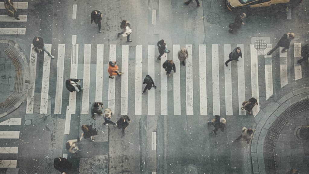 Menschen gehen in unterschiedlichen Richtungen über einen Zebrastreifen in einer europäischen Innenstadt. Die Szene wirkt alltäglich und zeigt anonymisierte PassantInnen im öffentlichen Raum.