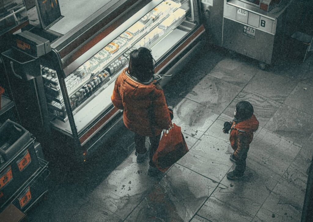 Mutter mit Einkaufstasche steht mit ihrem Kind vor einem Kühlregal in einem Supermarkt.