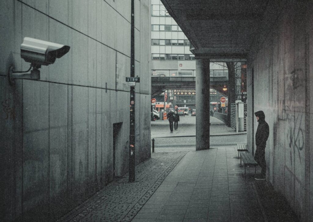 Überwachungskamera in einer schmalen Gasse, in der ein Mann mit Kapuze an einer Wand steht.