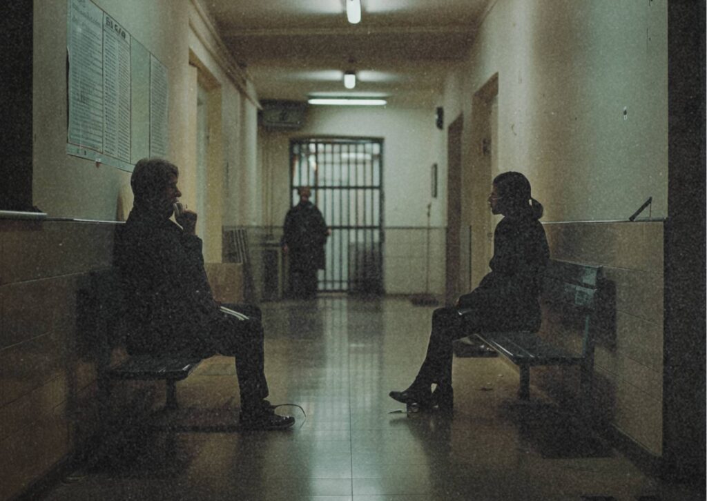 Zwei Personen sitzen sich in einem Justizflur gegenüber – eine ruhige Szene im institutionellen Kontext.