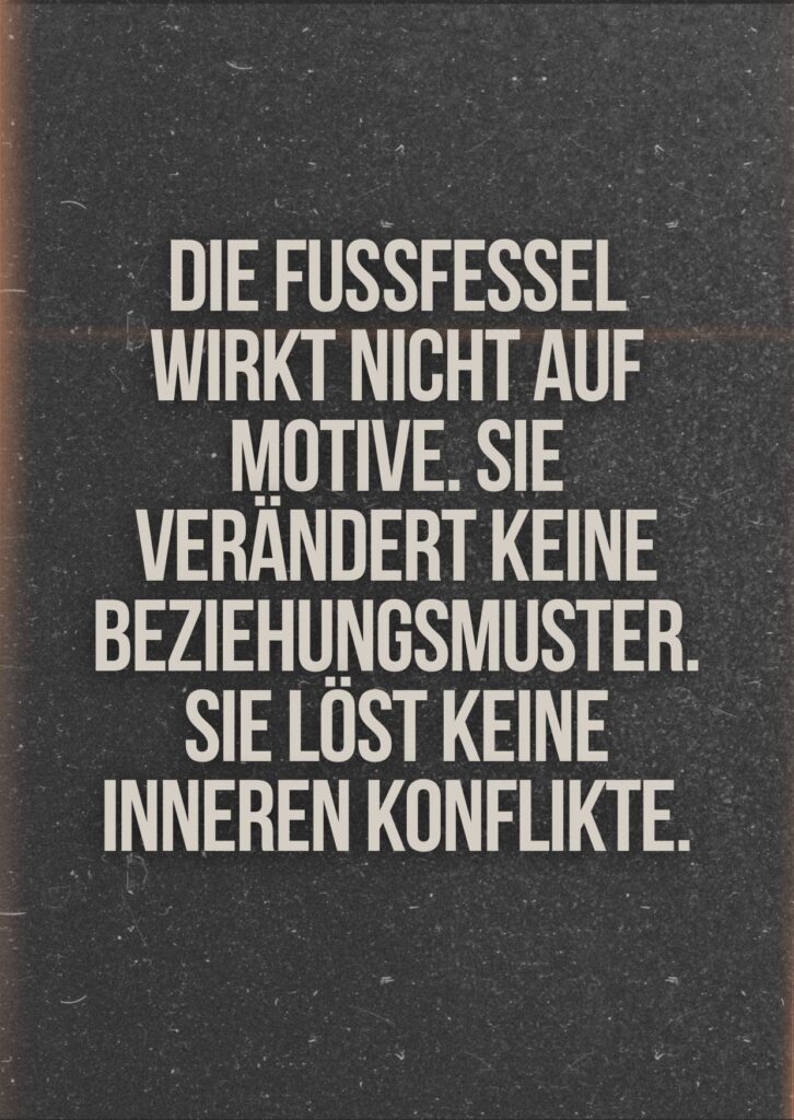 Zitatkarte mit dem Satz: ‚Die Fußfessel wirkt nicht auf Motive. Sie verändert keine Beziehungsmuster. Sie löst keine inneren Konflikte.‘ – kritische Einordnung elektronischer Überwachung im Kontext häuslicher Gewalt.