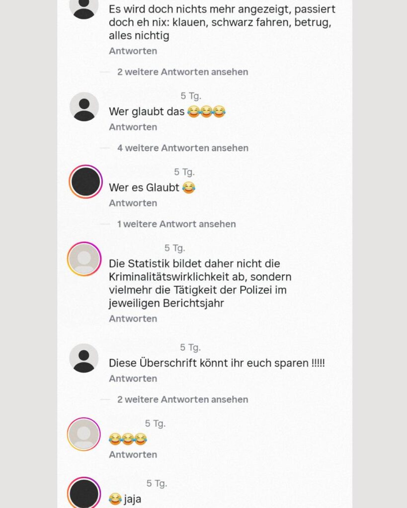 Kommentare unter einer Instagram-Meldung uzr PKS 2026 zur sinkenden Zahl registrierter Gewalttaten in Hamburg, die Skepsis und Ablehnung gegenüber der Kriminalstatistik ausdrücken.